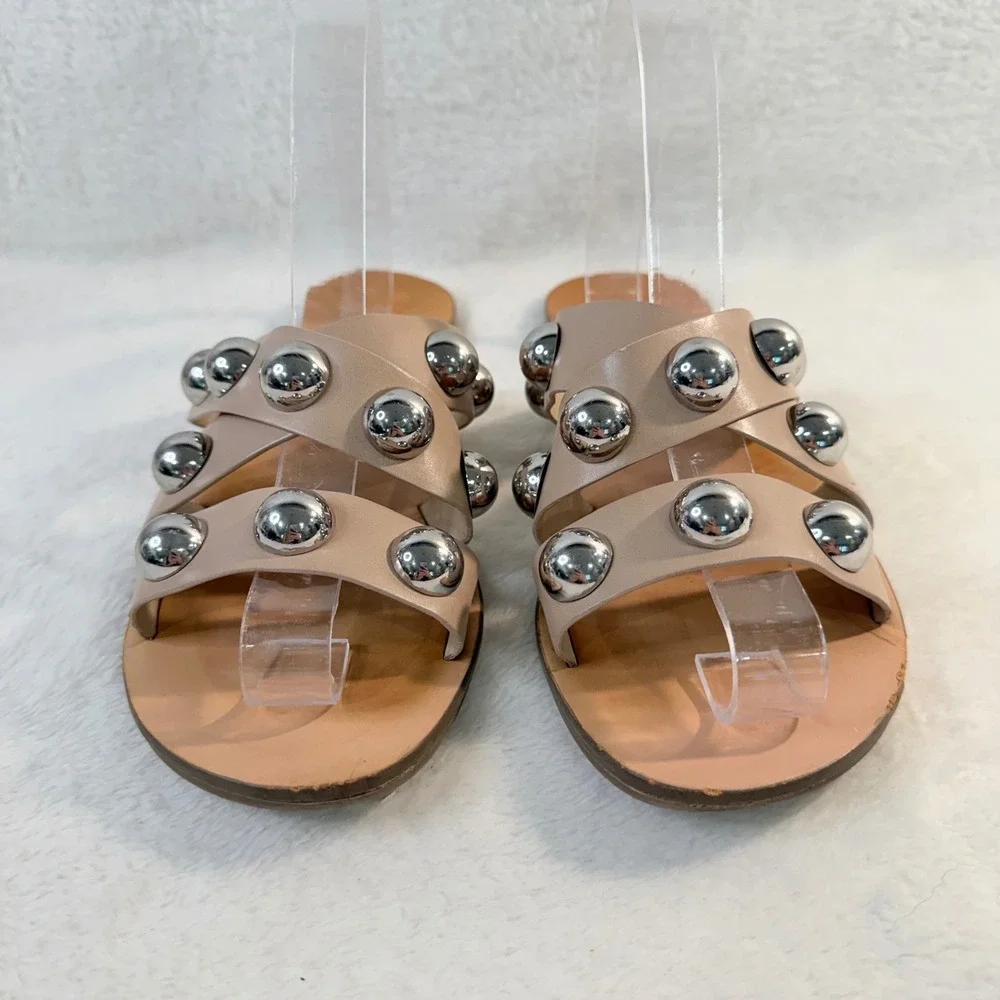 Marc Fisher Bryte2 Slide Sandals Womens 8.5 Nude Studded Flat Crisscross Straps